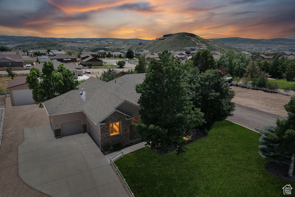 Aerial view at dusk of a mountain view