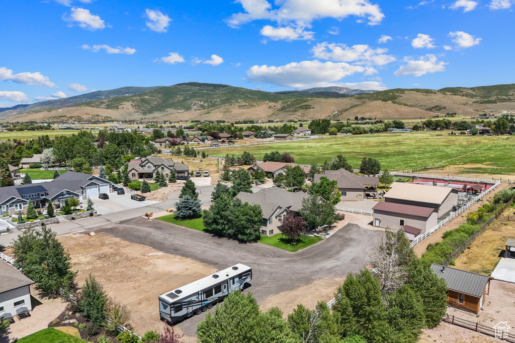 Aerial view of residential area with mountains