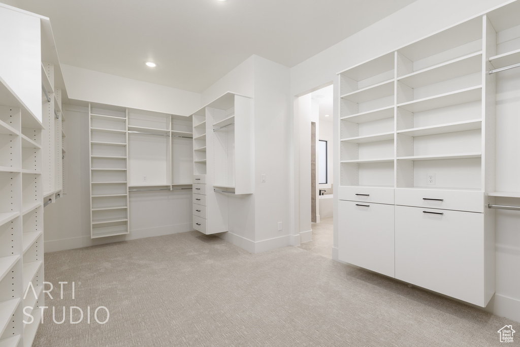 Walk in closet featuring light carpet