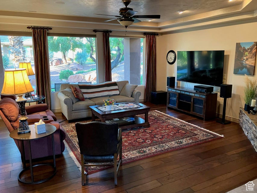 Living room with hardwood / wood-style flooring, a ceiling fan, and a raised ceiling
