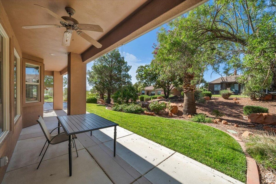 View of patio with ceiling fan