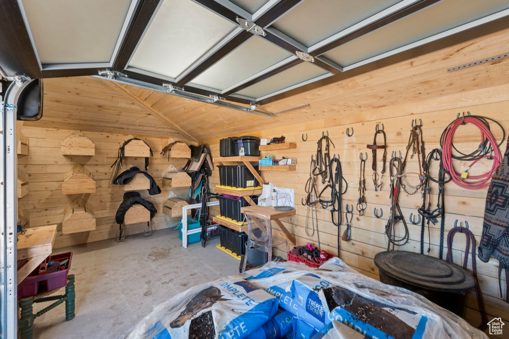 Garage with wooden walls