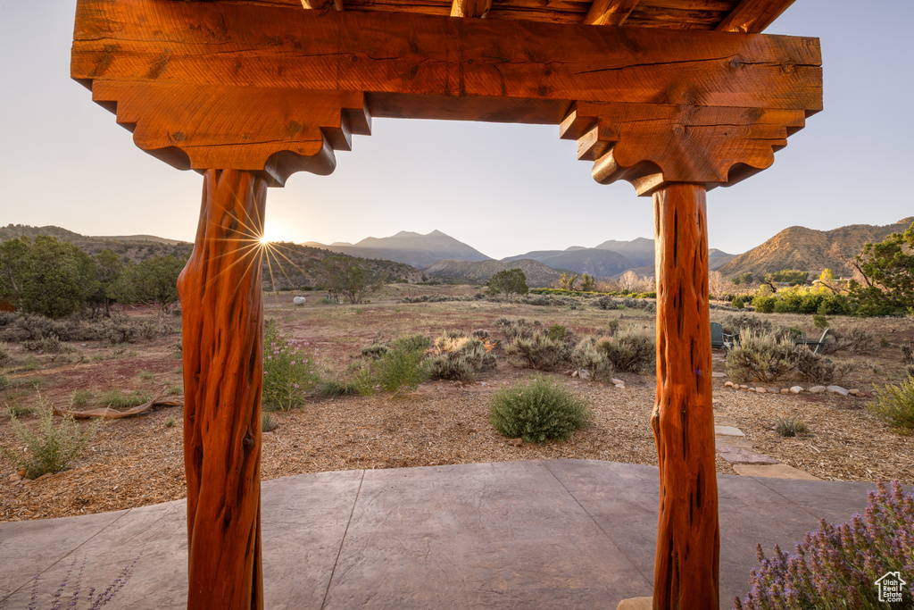 View of patio with a mountain view