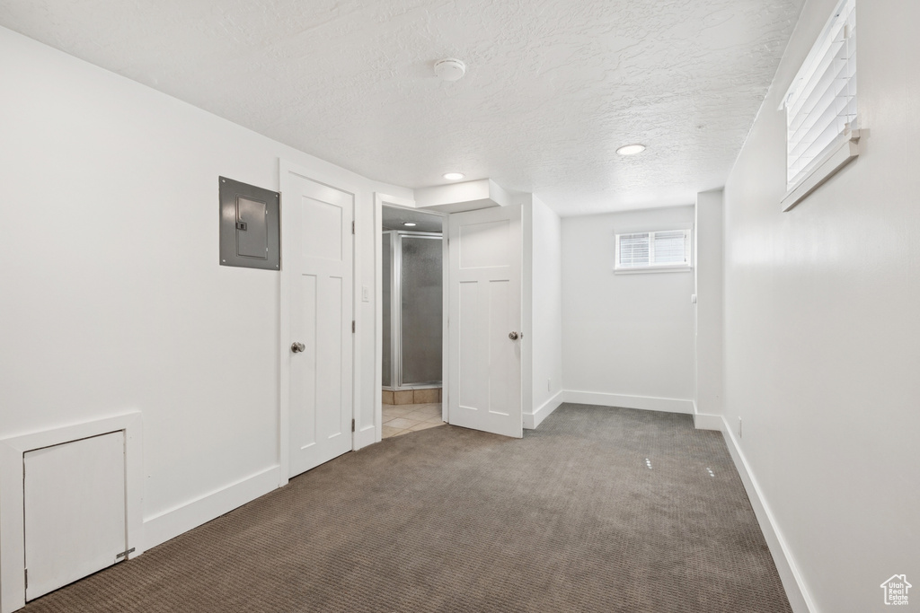 Below grade area with electric panel, carpet flooring, a textured ceiling, and recessed lighting