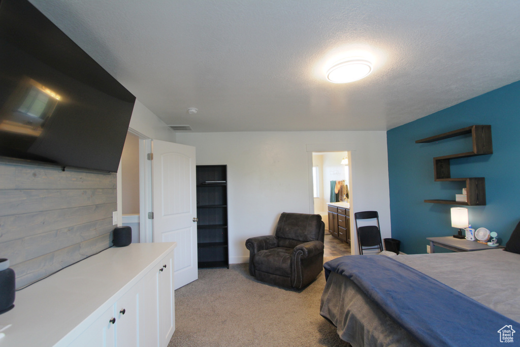 Bedroom with light colored carpet and ensuite bathroom