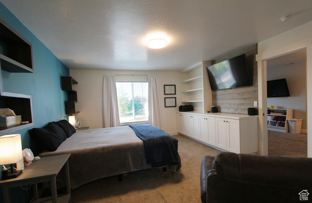 Bedroom with light colored carpet