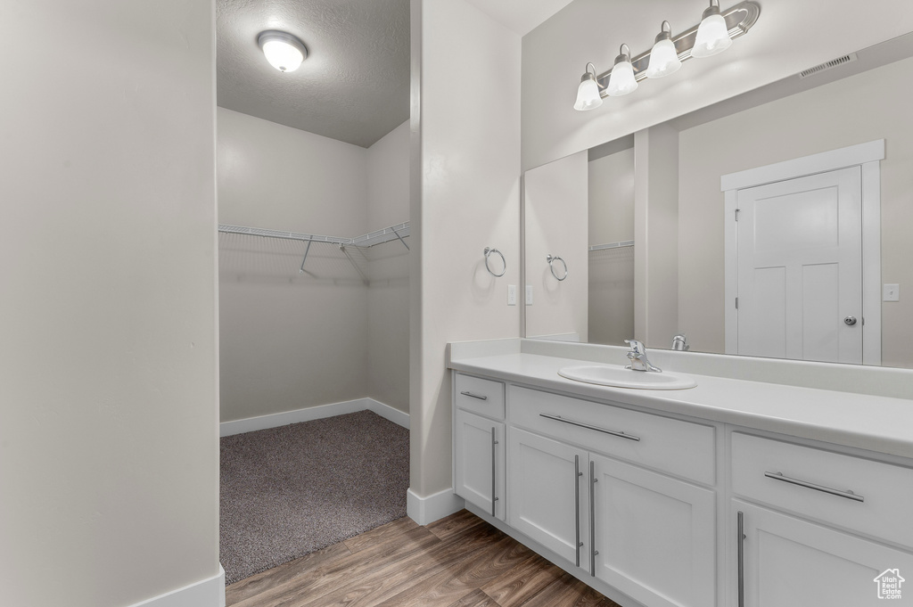 Bathroom with vanity, wood finished floors, and a walk in closet