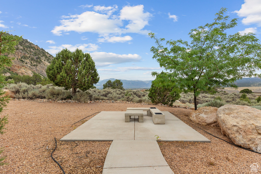 View of patio featuring a mountain view