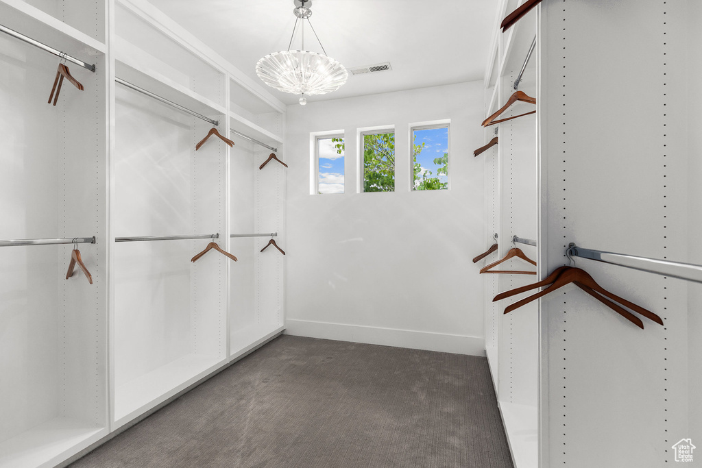 Walk in closet featuring a chandelier and carpet floors
