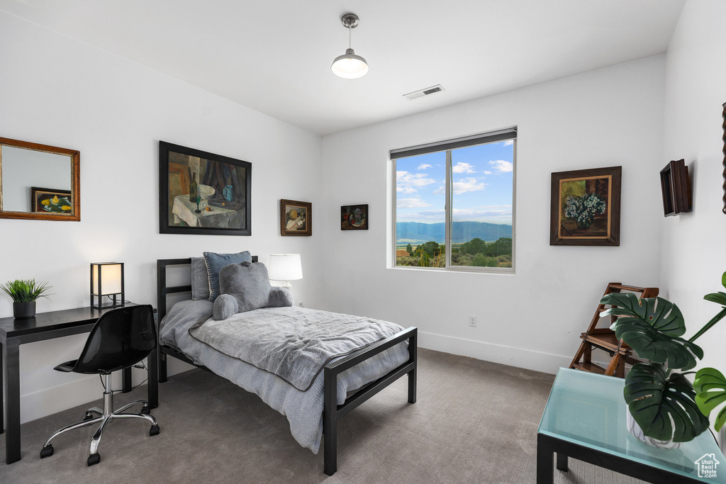 Bedroom featuring carpet flooring and an office area