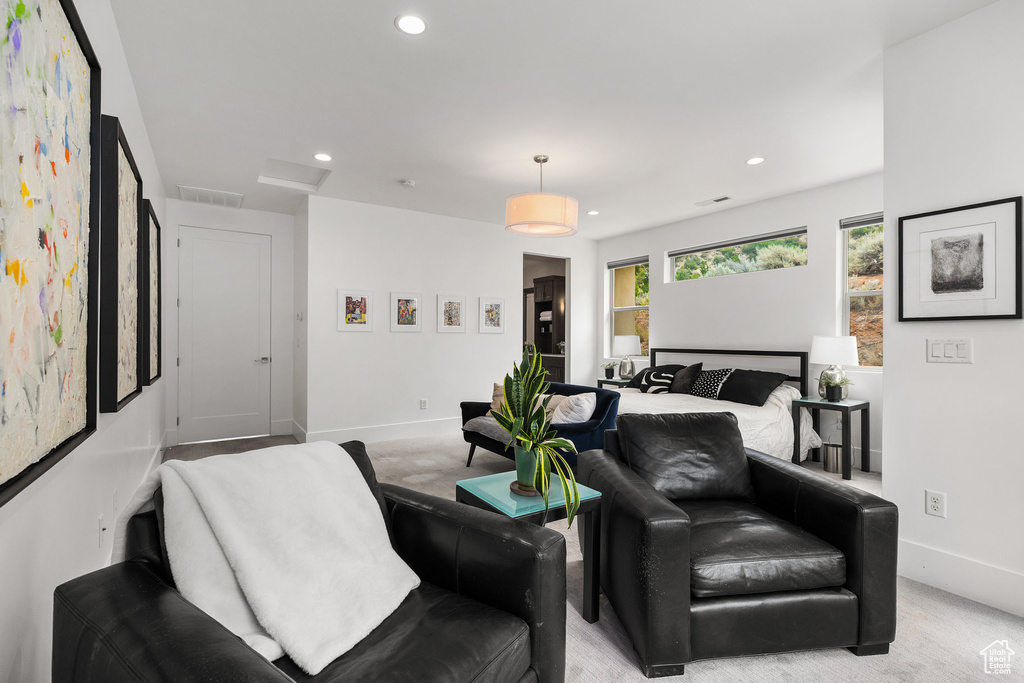 Bedroom featuring recessed lighting and light colored carpet