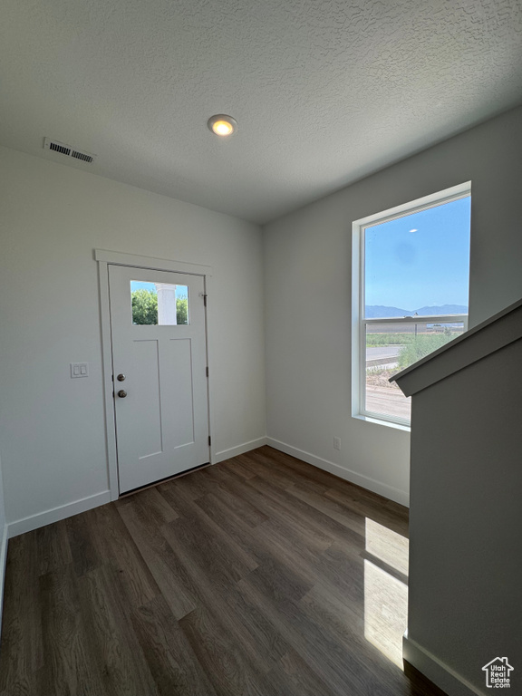 Entryway featuring dark wood-style floors, a textured ceiling, and recessed lighting