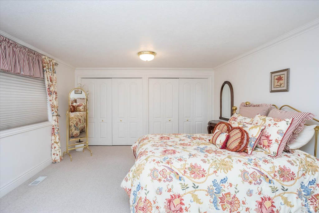 Bedroom with two closets, ornamental molding, and carpet flooring