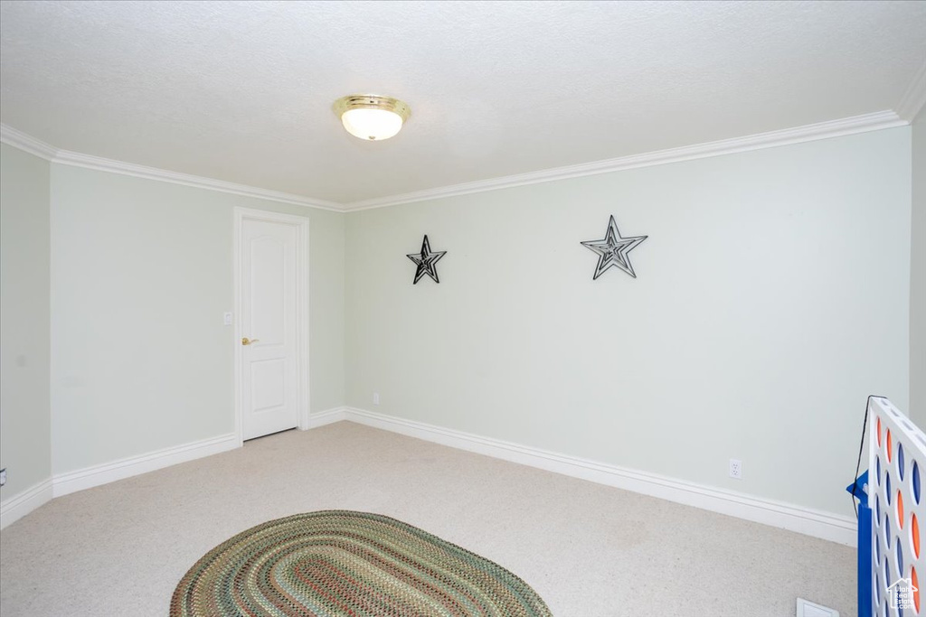 Carpeted spare room featuring crown molding