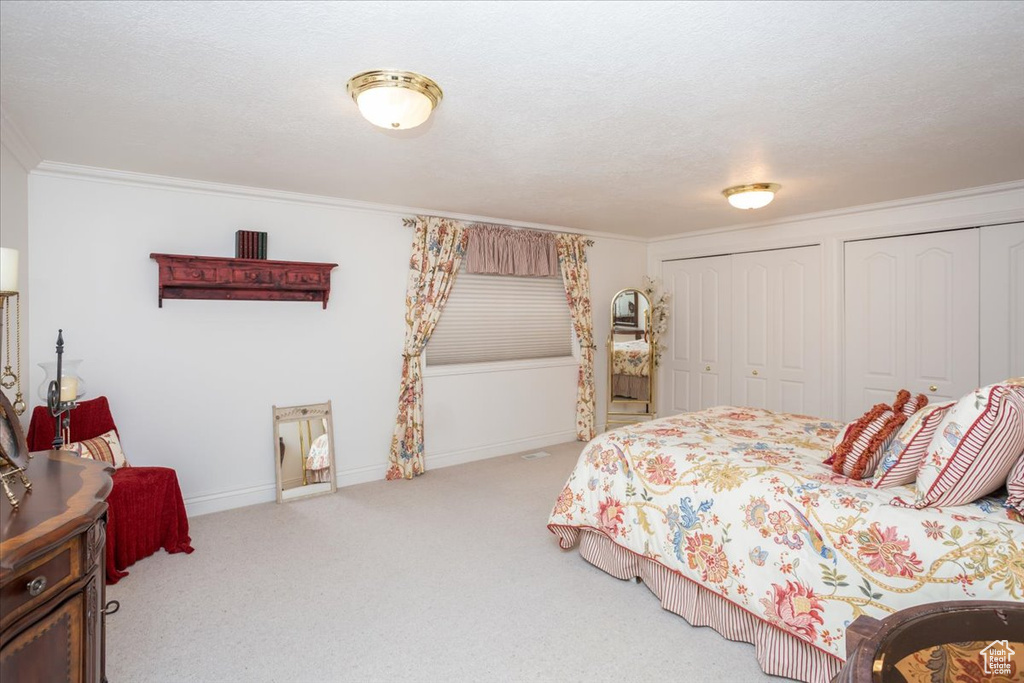 Bedroom featuring two closets, carpet flooring, and ornamental molding
