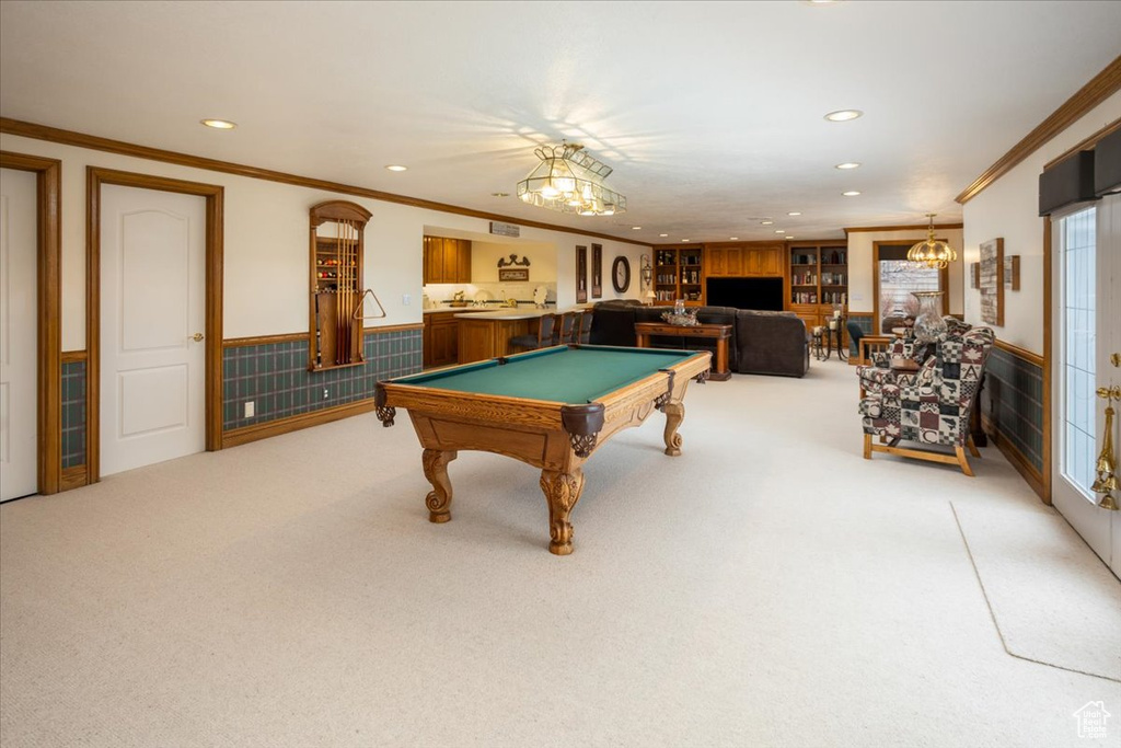 Playroom with a wainscoted wall, recessed lighting, billiards table, carpet flooring, and ornamental molding