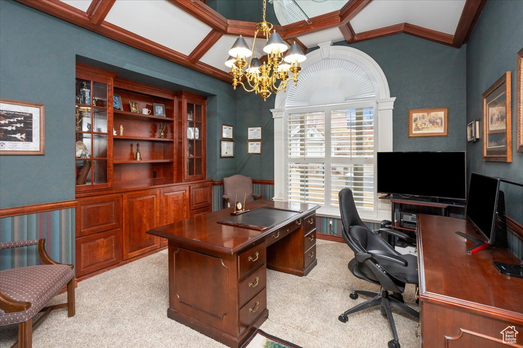 Office area with light carpet, a chandelier, and vaulted ceiling