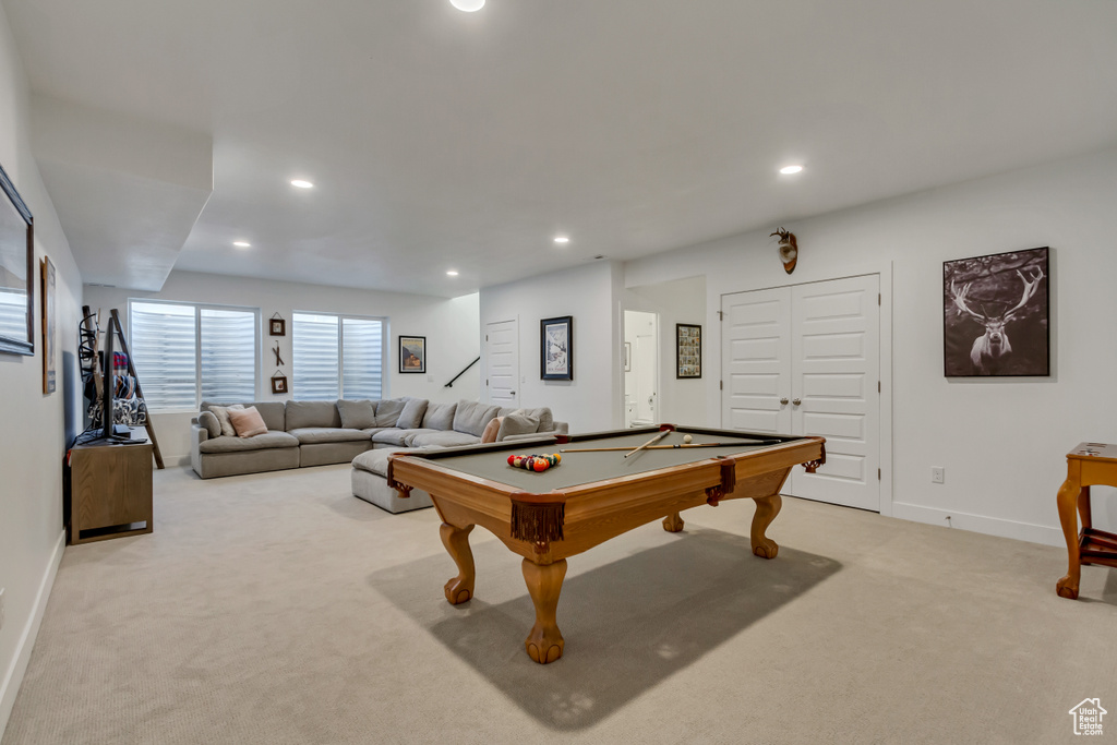 Recreation room featuring light carpet, recessed lighting, and billiards table