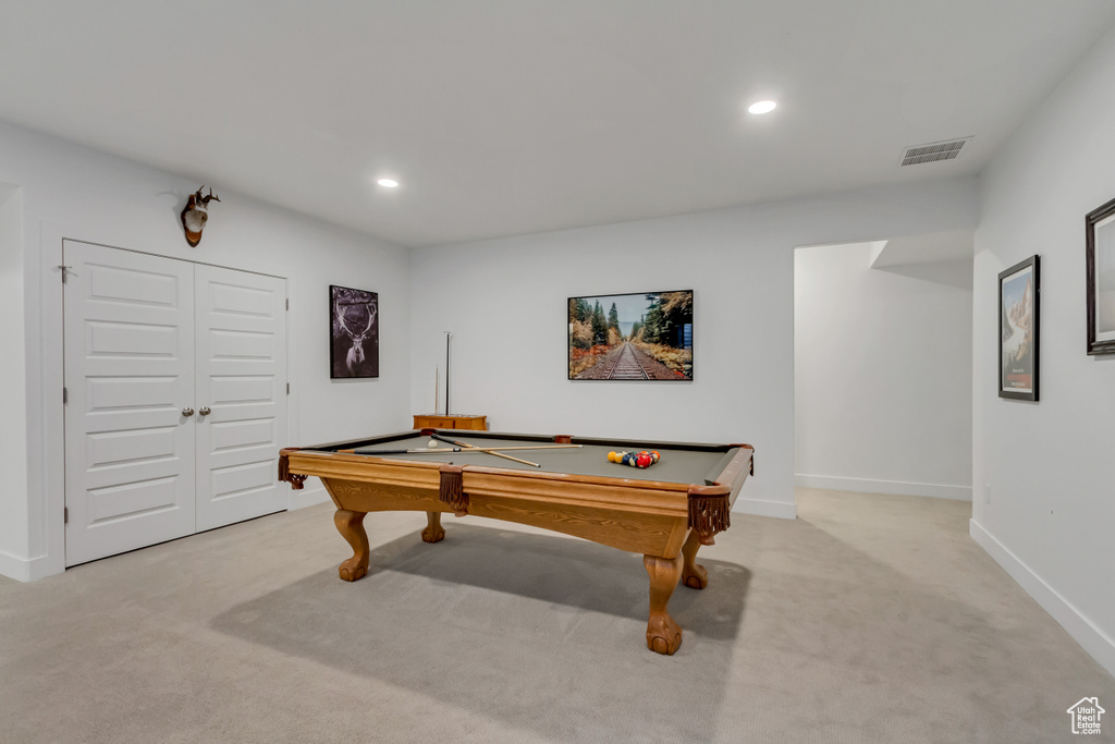 Recreation room featuring billiards, light colored carpet, and recessed lighting