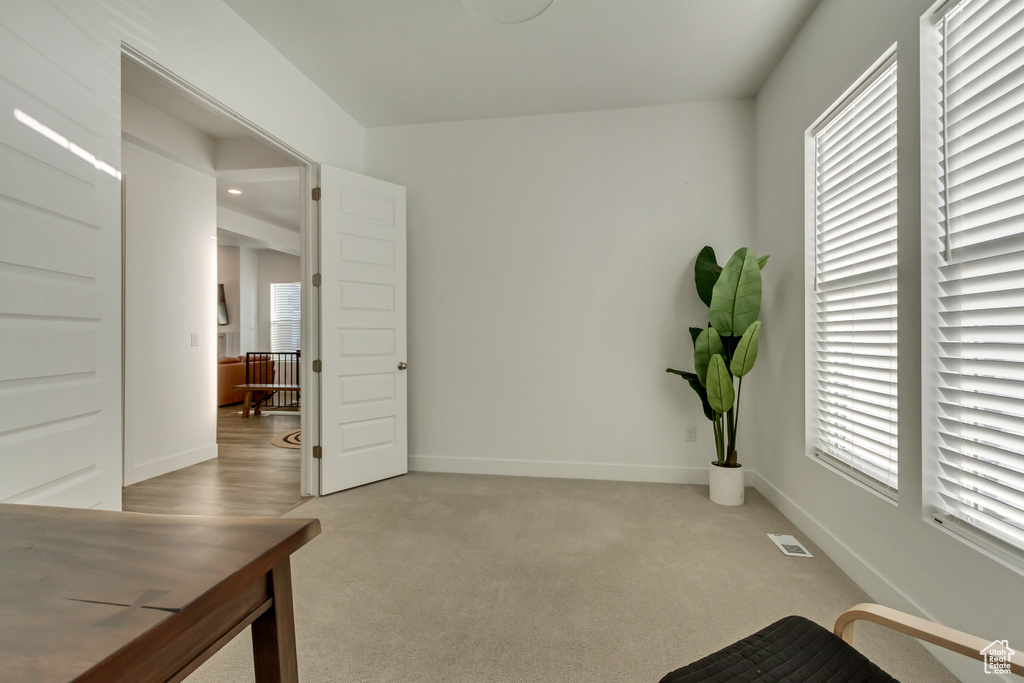 Unfurnished room featuring plenty of natural light and light carpet