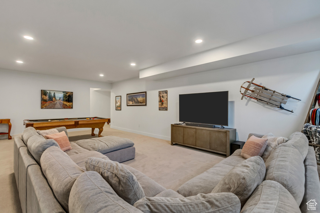 Living room with recessed lighting, light carpet, and billiards