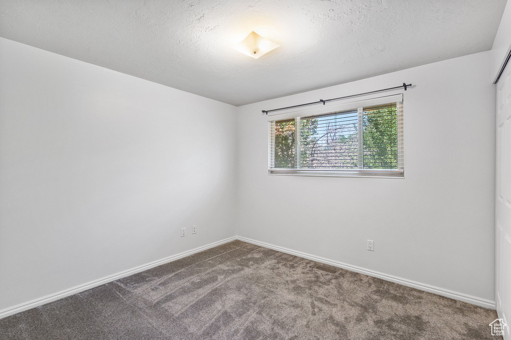 Carpeted empty room with a textured ceiling