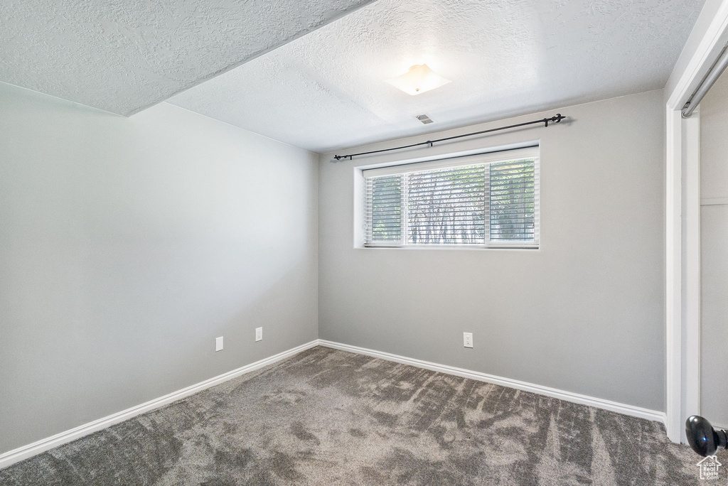Unfurnished bedroom featuring carpet flooring and a textured ceiling