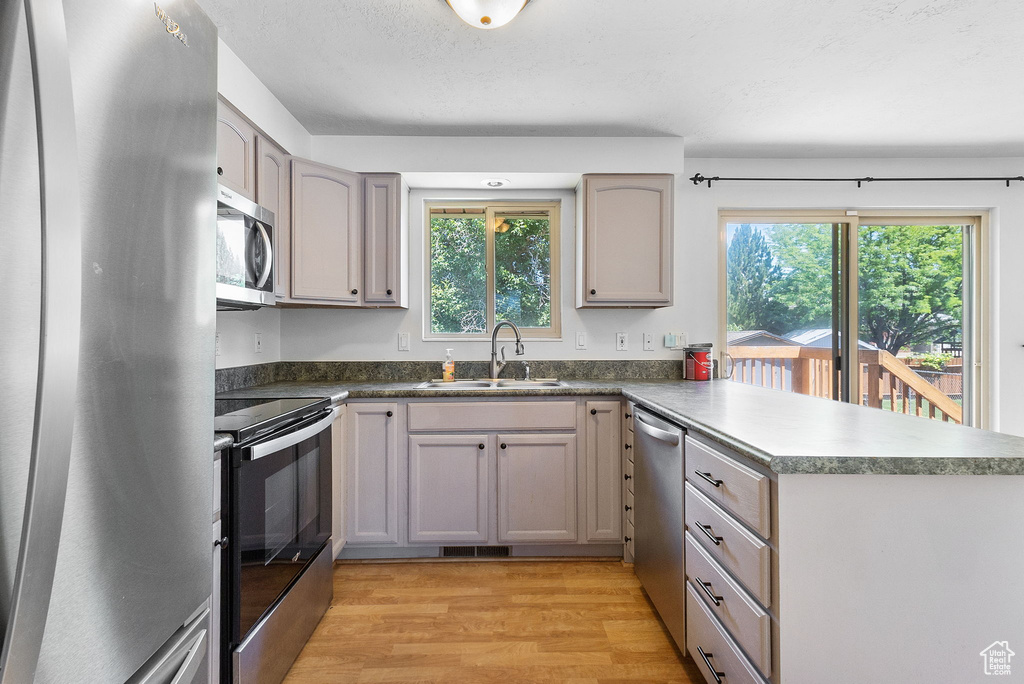 Kitchen featuring stainless steel appliances, a peninsula, light wood-type flooring, and plenty of natural light