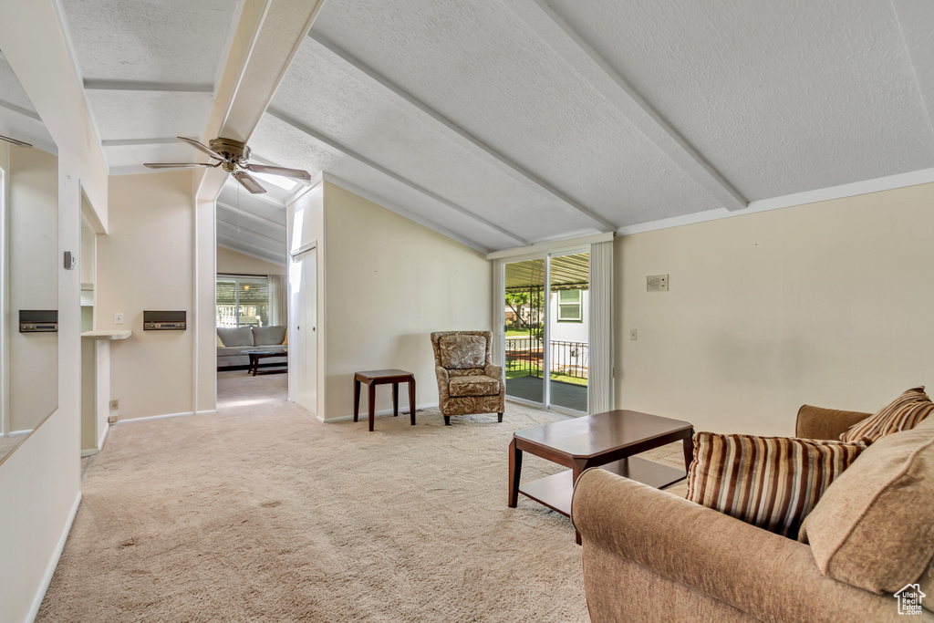 Carpeted living room with ceiling fan and a textured ceiling