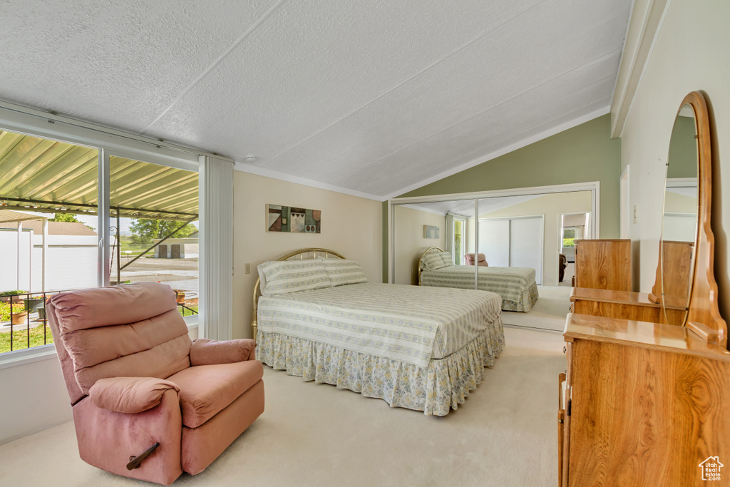 Carpeted bedroom featuring vaulted ceiling and a textured ceiling