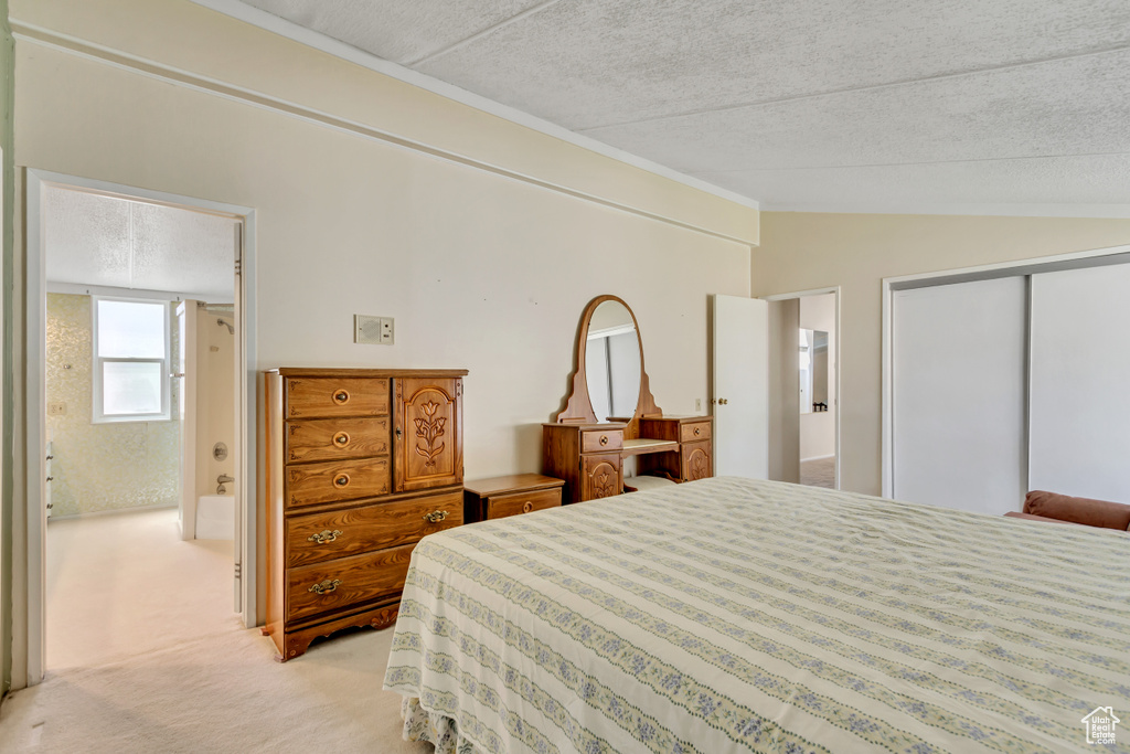 Bedroom with lofted ceiling, light colored carpet, a textured ceiling, crown molding, and a closet
