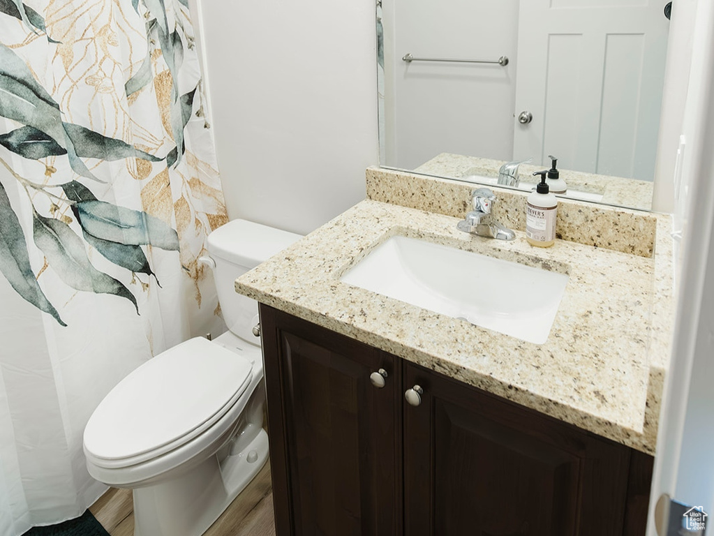 Bathroom with wood finished floors and vanity