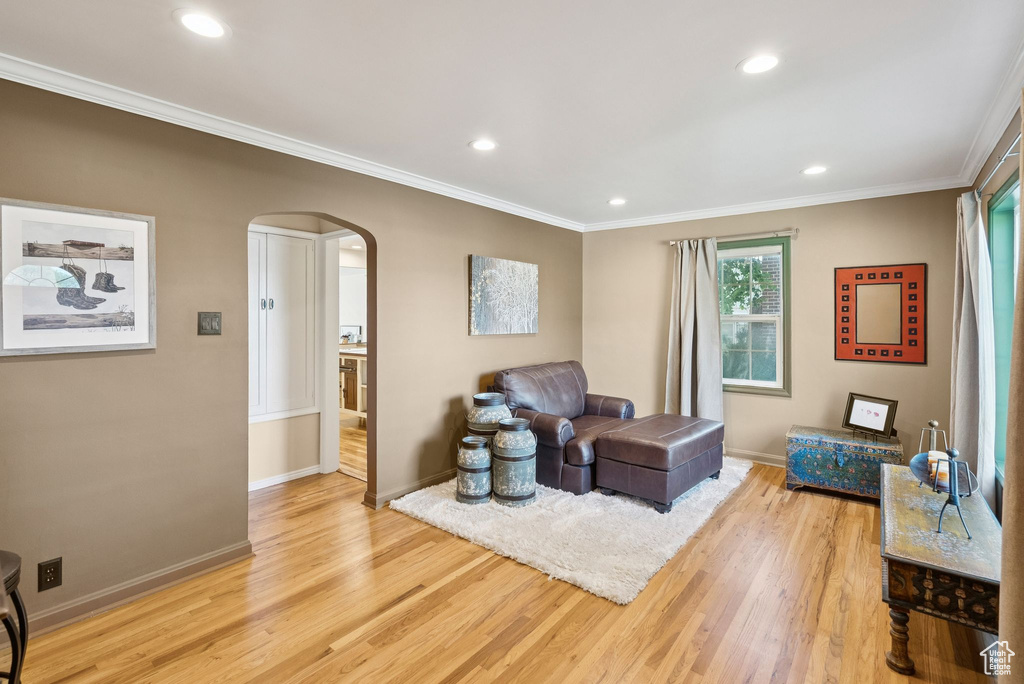 Living room featuring arched walkways, light wood-type flooring, ornamental molding, and recessed lighting