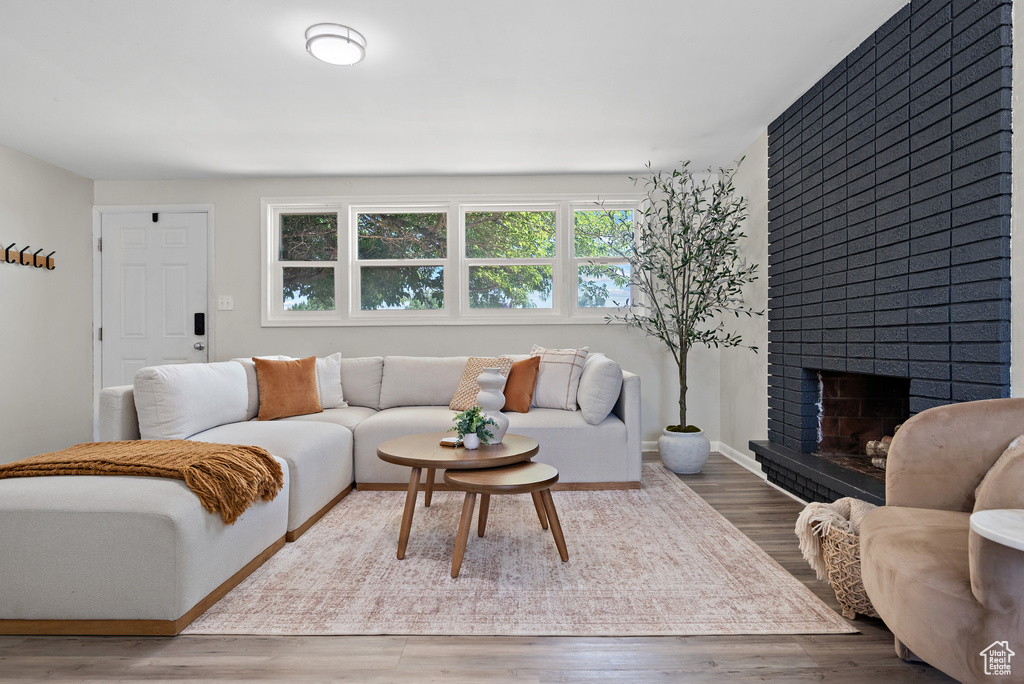 Living room featuring wood finished floors and a fireplace