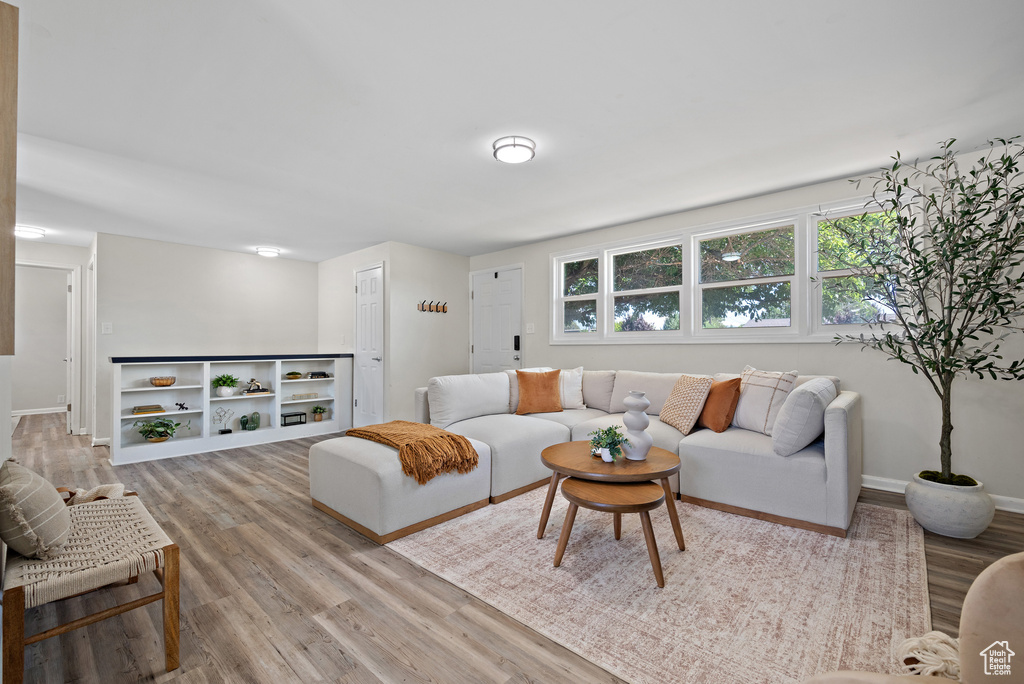 Living room featuring light wood-style flooring and healthy amount of natural light