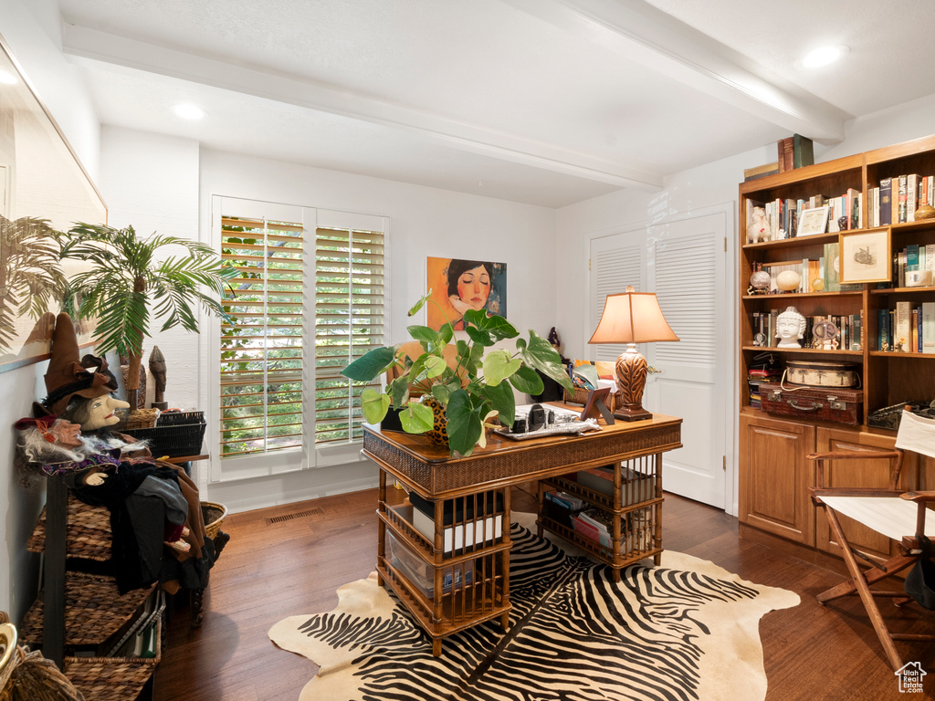 Home office featuring beamed ceiling, dark wood-style flooring, and recessed lighting