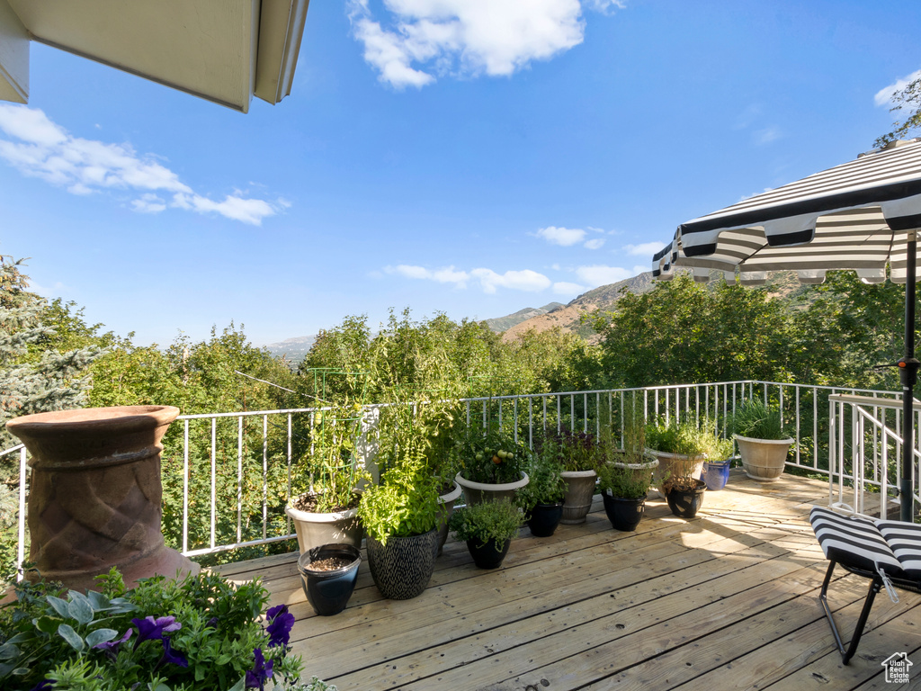 Wooden terrace featuring a mountain view