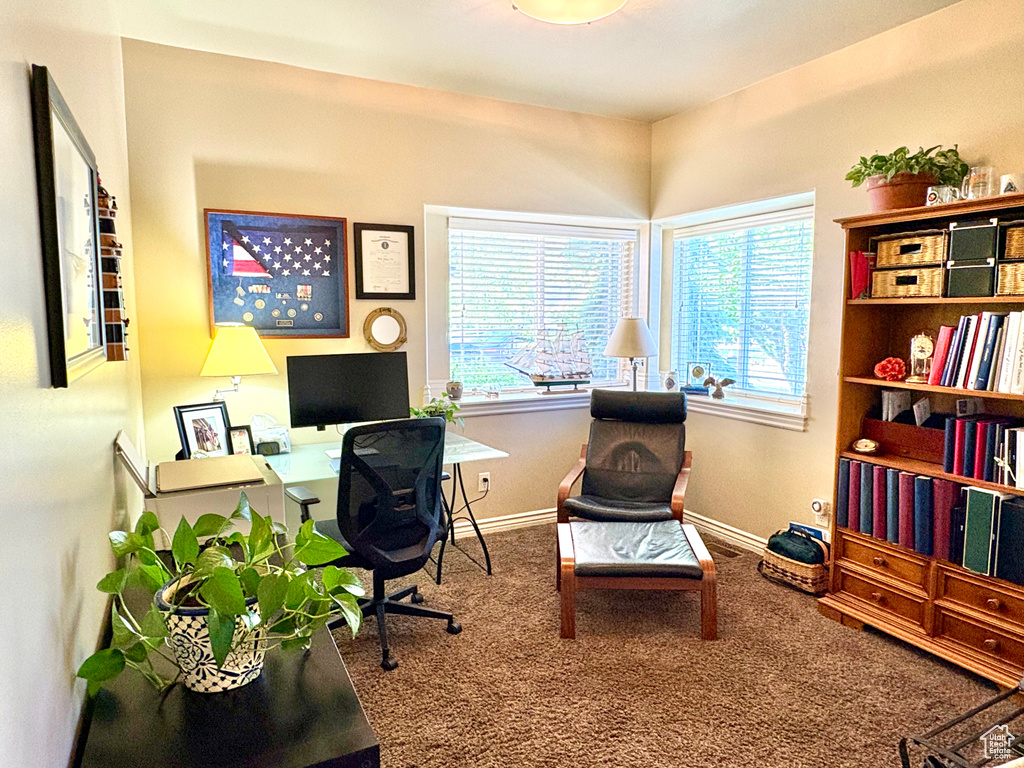 Carpeted office with baseboards
