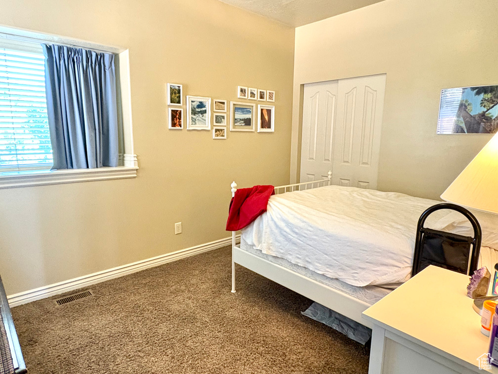 Bedroom with carpet flooring and a closet