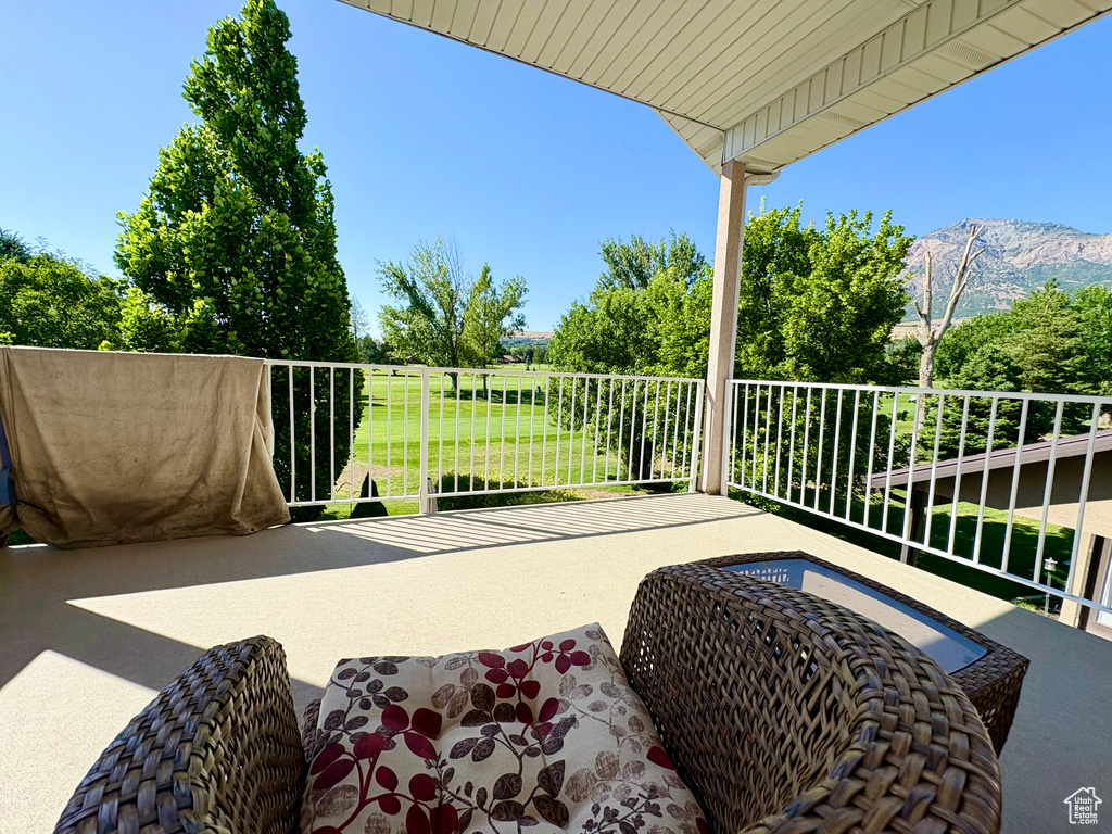 Patio / terrace featuring a mountain view