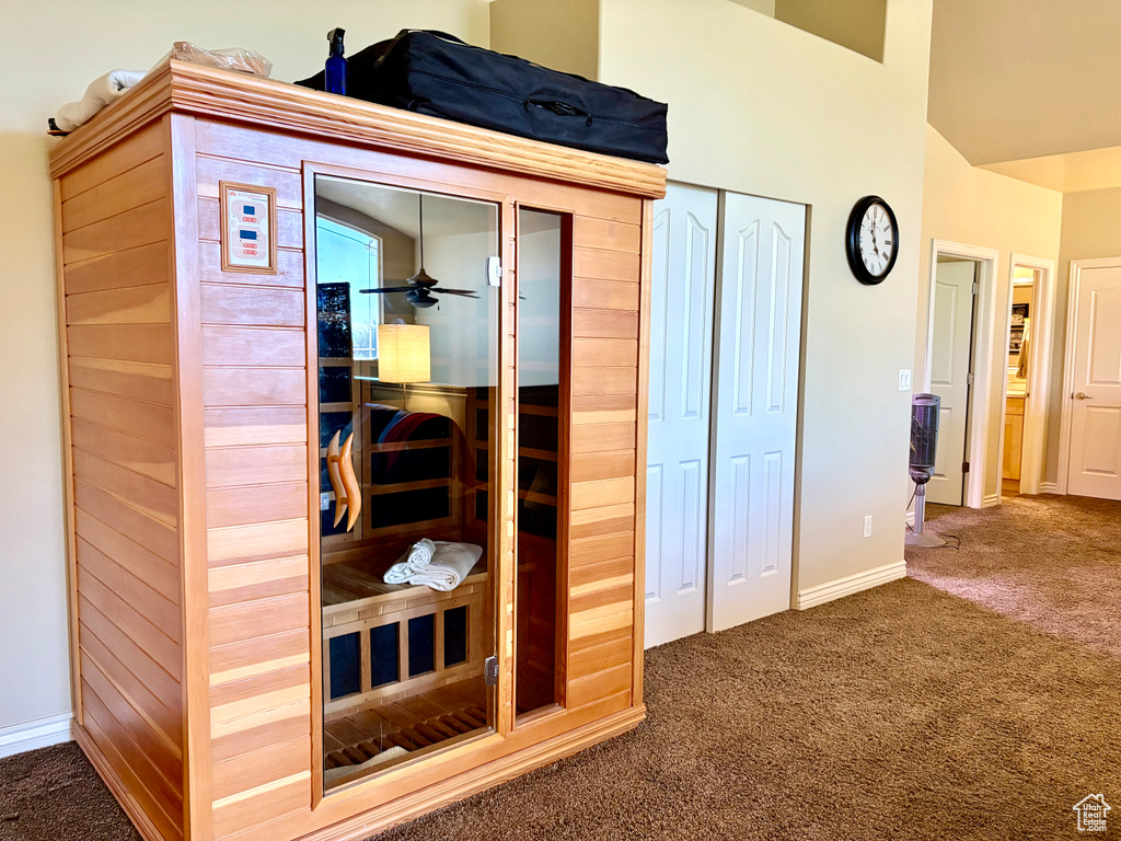Relaxing sauna with carpet floors and baseboards