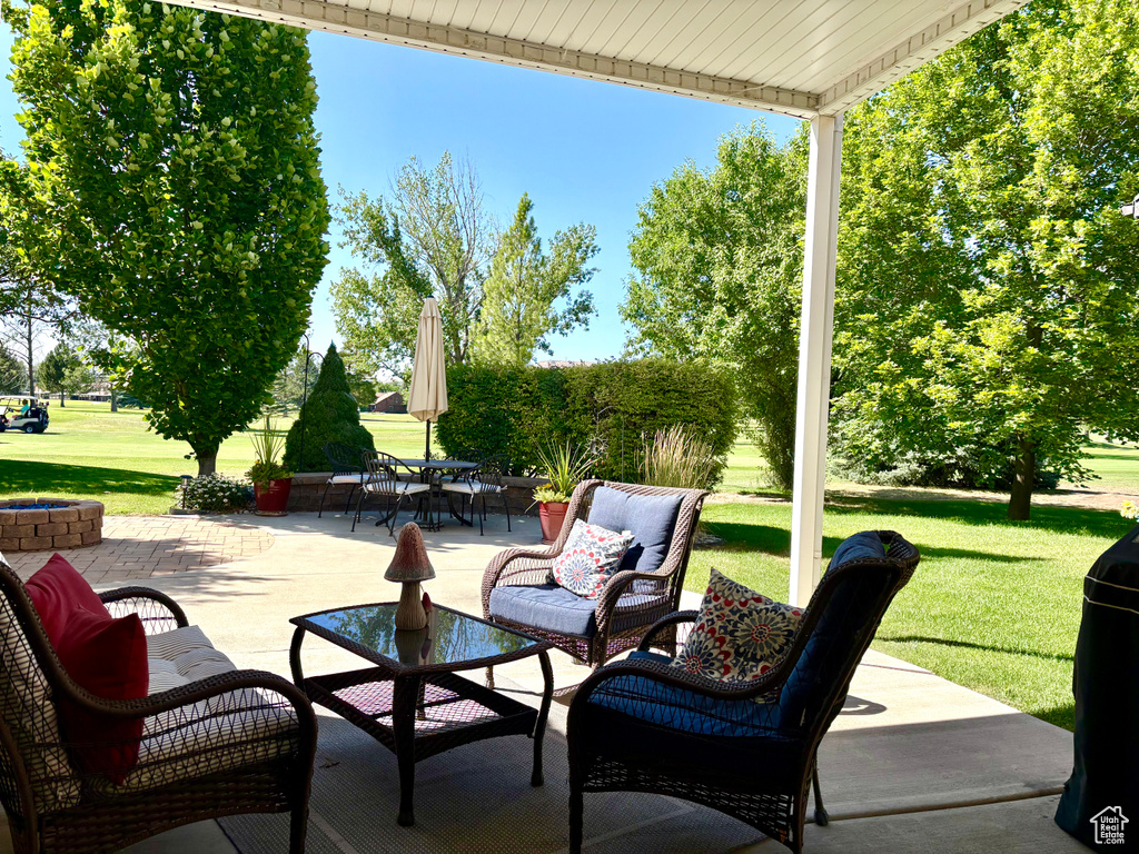 View of patio featuring outdoor lounge area and outdoor dining area