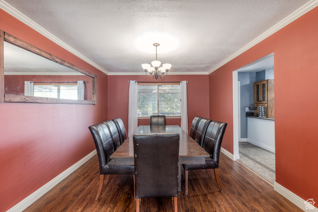 Dining room featuring a chandelier, wood finished floors, healthy amount of natural light, ornamental molding, and a textured ceiling