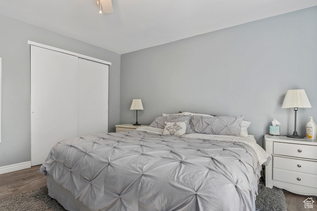 Bedroom featuring wood finished floors, a closet, and a ceiling fan