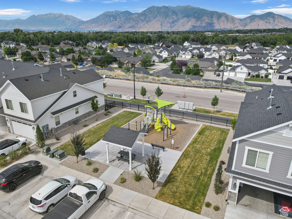 Aerial view of residential area with mountains