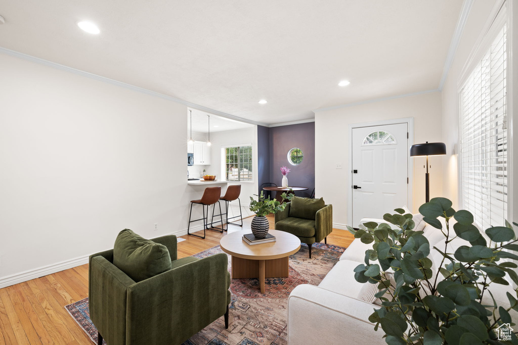 Living room featuring ornamental molding, light wood-style floors, and recessed lighting