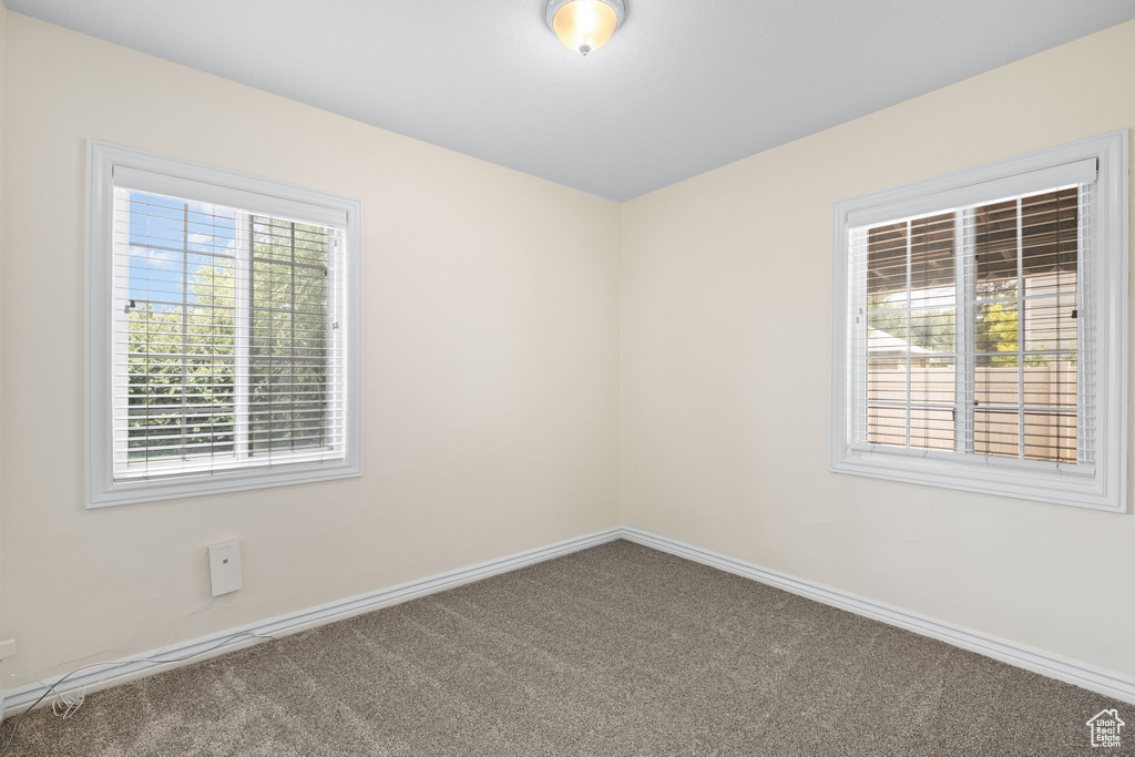 Unfurnished room with carpet and baseboards