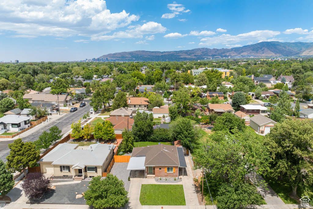 Aerial perspective of suburban area with a mountain backdrop