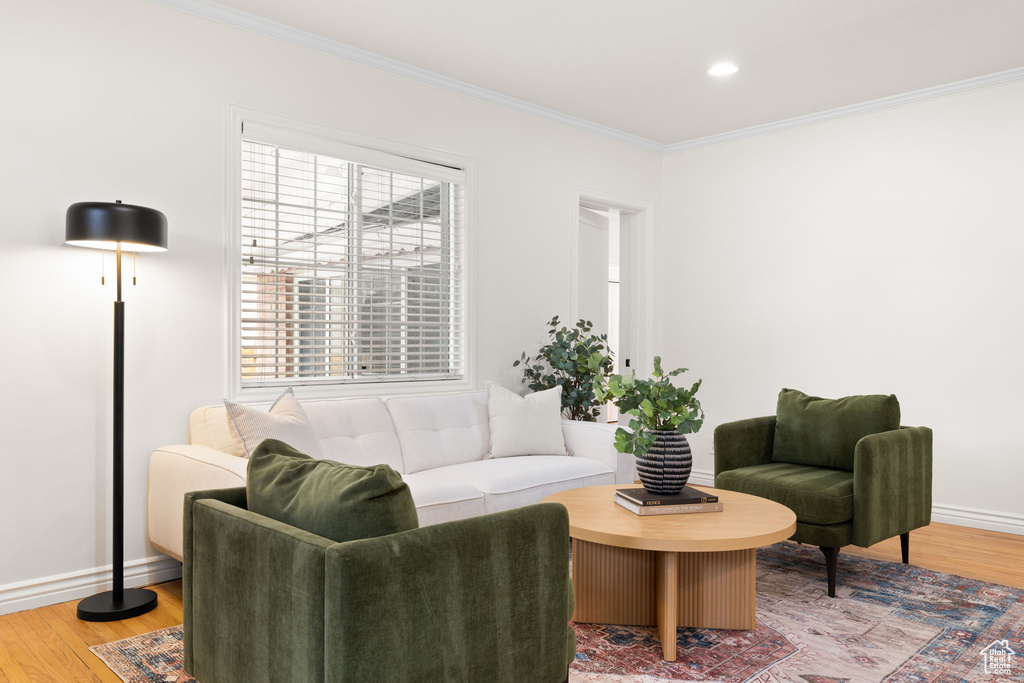 Living area featuring ornamental molding, light wood-style floors, and recessed lighting