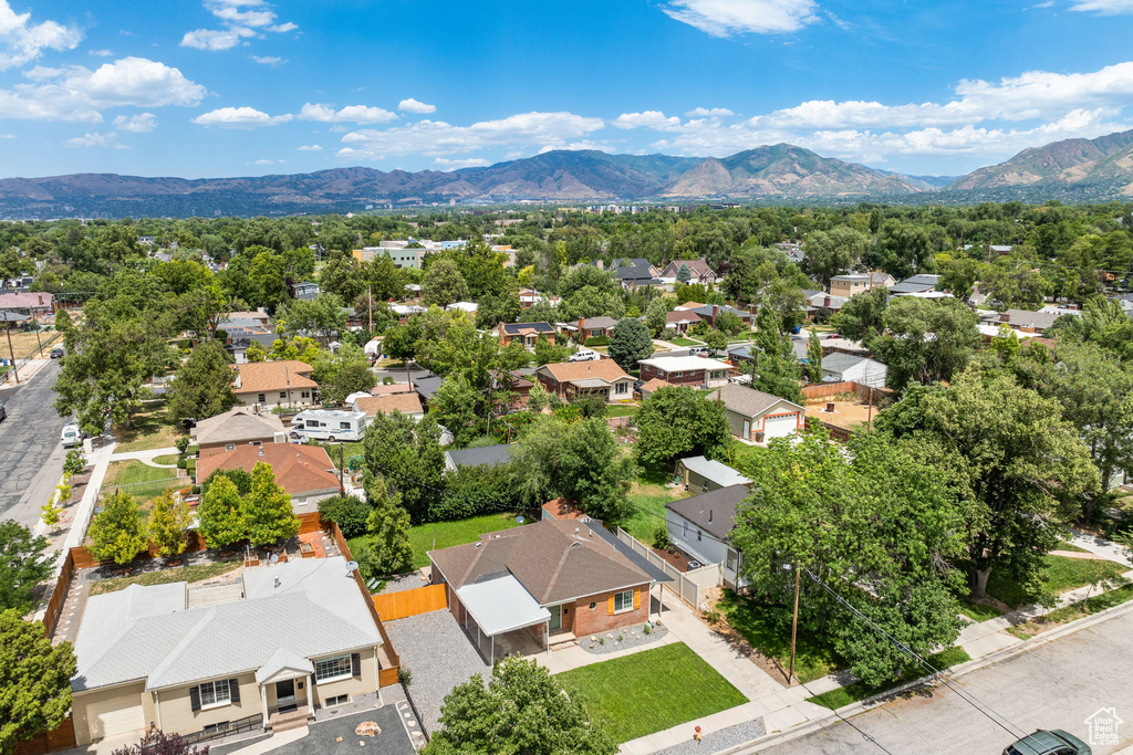 Aerial view of residential area with mountains